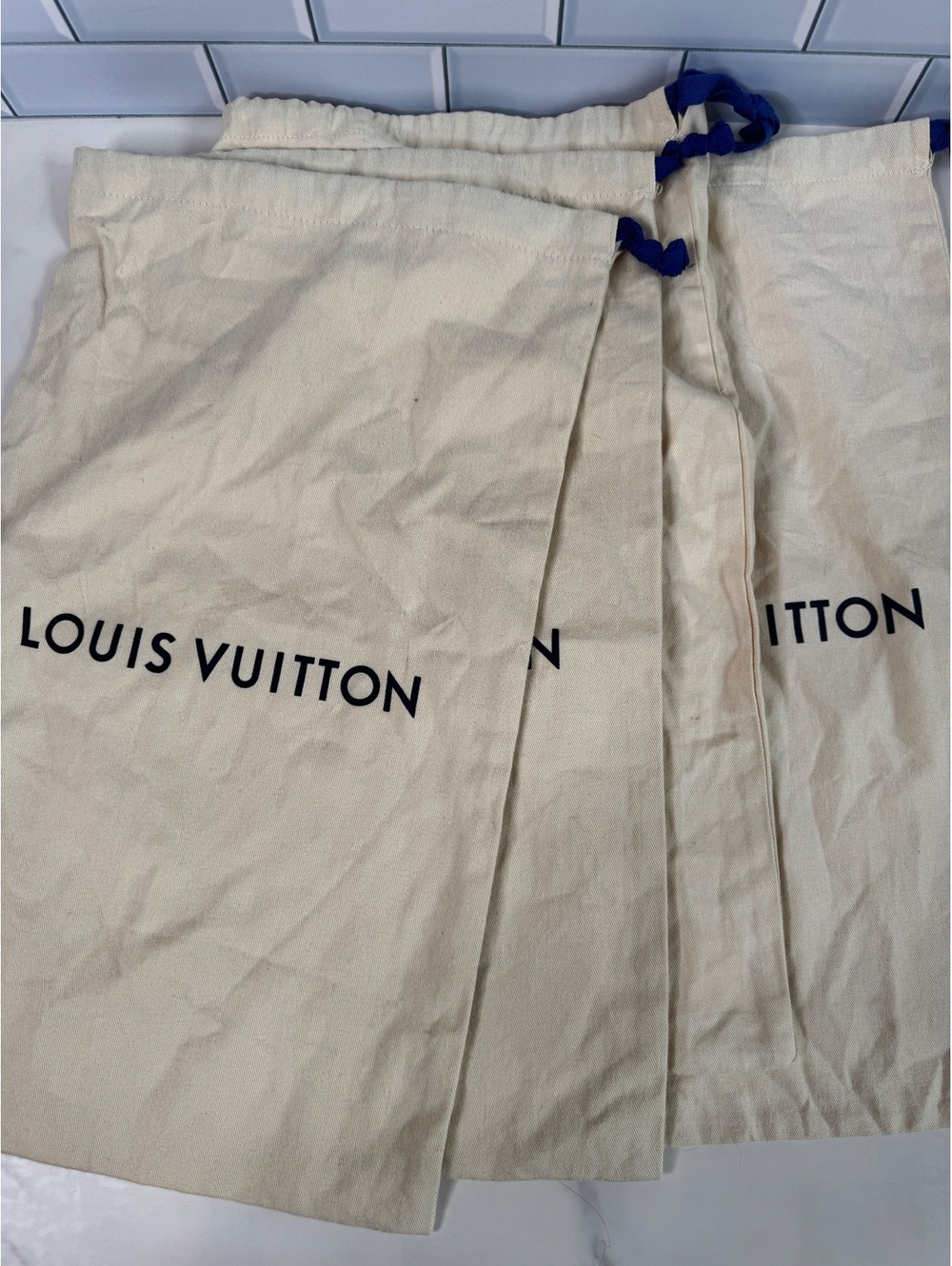 Louis Vuitton cream canvas 4 dust bags with blue drawstrings 11X19